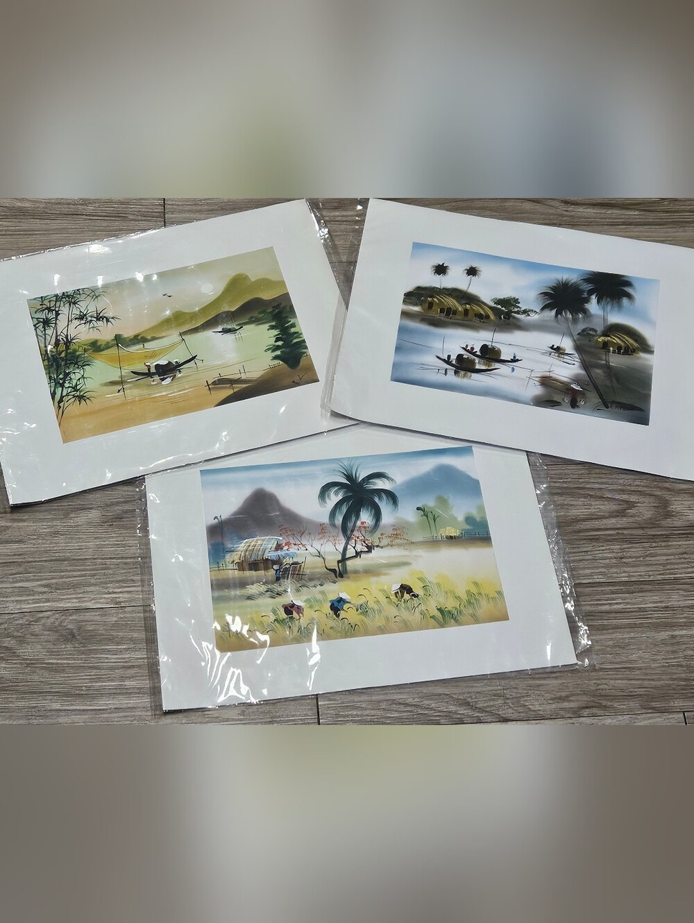 Set 3 Vintage Asian Hand Painted Watercolors on Silk Paintings Signed Artwork